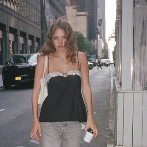 ZARA Rhinestone Poplin Top